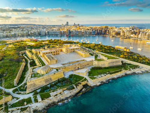 Drone sunset view of Fort Manoel on Manoel island, Gzira city. Malta island