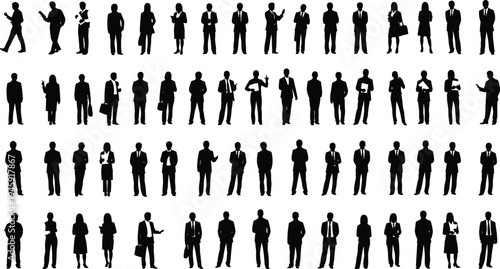 Business professional silhouettes, corporate workforce figures, teamwork poses, confident executives, leadership icons, office attire graphics, collaboration concept, modern corporate representation