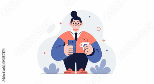 Flat illustration of a person holding a phone and coffee cup