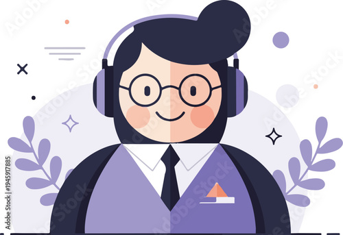 Flat illustration of a person with headphones and glasses, friendly
