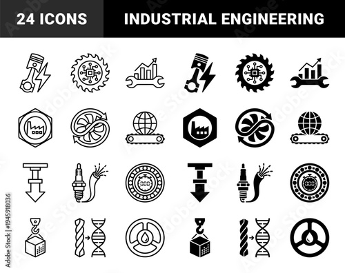 Industrial Hybrid Concept Symbols Featuring Piston Lightning Bolt Saw Gear Microchip Wrench Chart Factory Nut and DNA Drill Bit