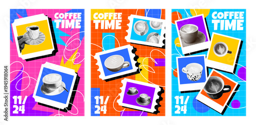 Coffee collage. Retro poster halftone. Dot texture cup, photo frame. Funny design. Paper cutout. Cafe pop drink. Vintage grunge sticker. Modern promotional graphic vector garish typography backgrounds