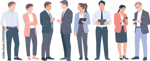 Row of diverse professional business people standing together with digital tablets and smart phones