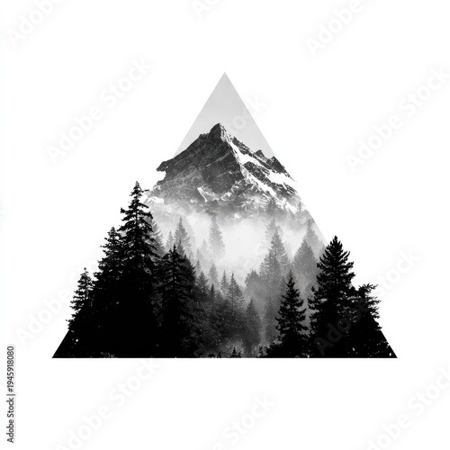 Mountain forest scene inside geometric triangle monochrome nature vector