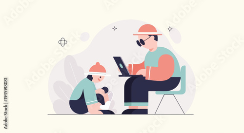 Flat illustration of a person working on a laptop near a child