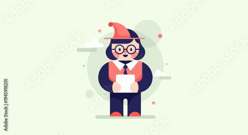 Flat illustration of a smiling character in a pointy hat and glasses