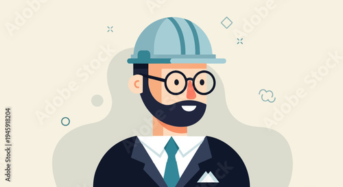 Flat vector illustration of a man in a hard hat and suit
