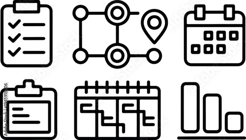 Business scheduling line icons featuring project timeline calendar clipboard checklist and data bar graphics