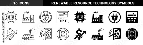 Hybrid energy and financial technology icons featuring solar factory combinations wind turbine cooling systems and balanced circuit board processing units