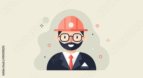 Flat illustration of a smiling bearded man wearing a hard hat and suit