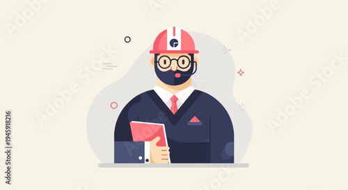 Flat illustration of a professional wearing a hard hat and holding a document