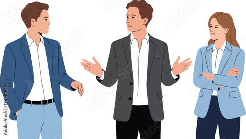 Group of professional business people in formal suits talking and gesturing during corporate discussion