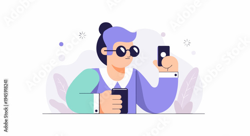 Flat vector illustration of a person holding two phones, one for selfie
