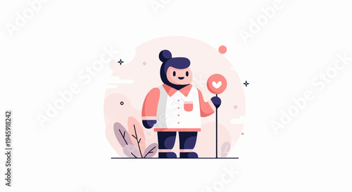 Flat illustration of a smiling character holding a lollipop with a heart