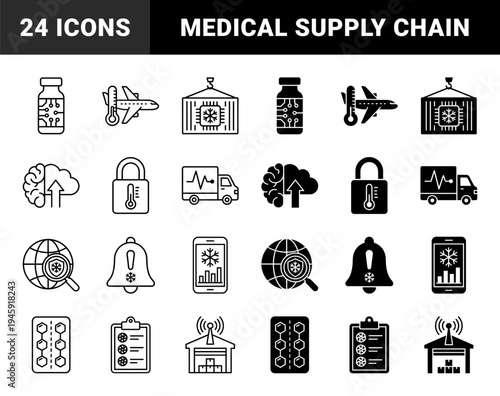 Hybrid cold chain logistics icons featuring temperature controlled shipping containers pharmaceutical vials and refrigerated transport monitoring