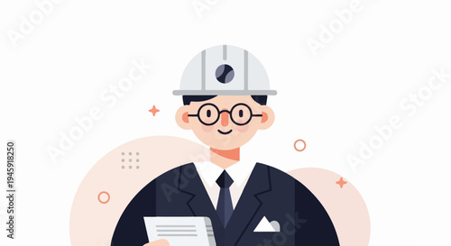 Flat illustration of a smiling engineer in a hard hat holding papers