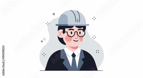 Flat illustration of a smiling engineer with glasses and hard hat