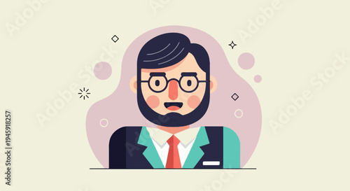 Flat illustration of a smiling businessman with glasses and beard