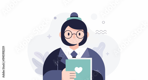 Flat illustration of a person in a suit holding a book with a heart