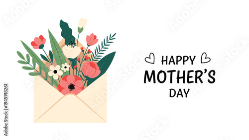 Open envelope overflowing with beautiful pink and red flowers and the message Happy Mother Day conveys a heartfelt celebration.