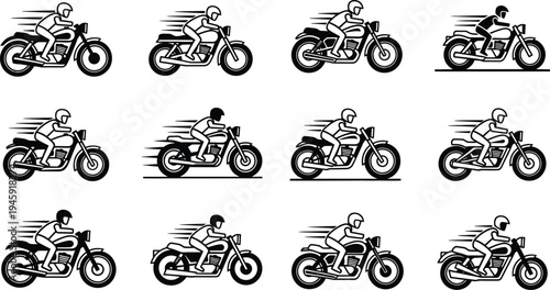 Motorcycle racing rider silhouette set with speed motion lines, sport bike racing action, biker motorbike vector illustration collection