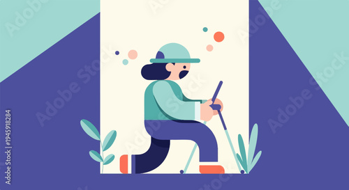 Flat vector illustration of a person with hiking poles and hat, surrounded by stylized nature