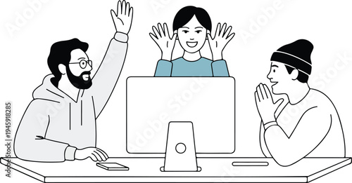 Three diverse office colleagues having fun video call meeting with computer in modern workspace