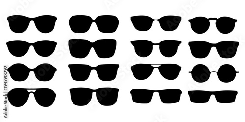 Set of Sunglasses Silhouette Vector Icons. Collection of Trendy Eyewear Shapes Including Aviator, Heart, Round, and Retro Frames. Minimalist Black Eyeglasses Graphic Elements for Fashion Design.