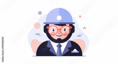 Flat illustration of a smiling man in a hard hat and suit (1)