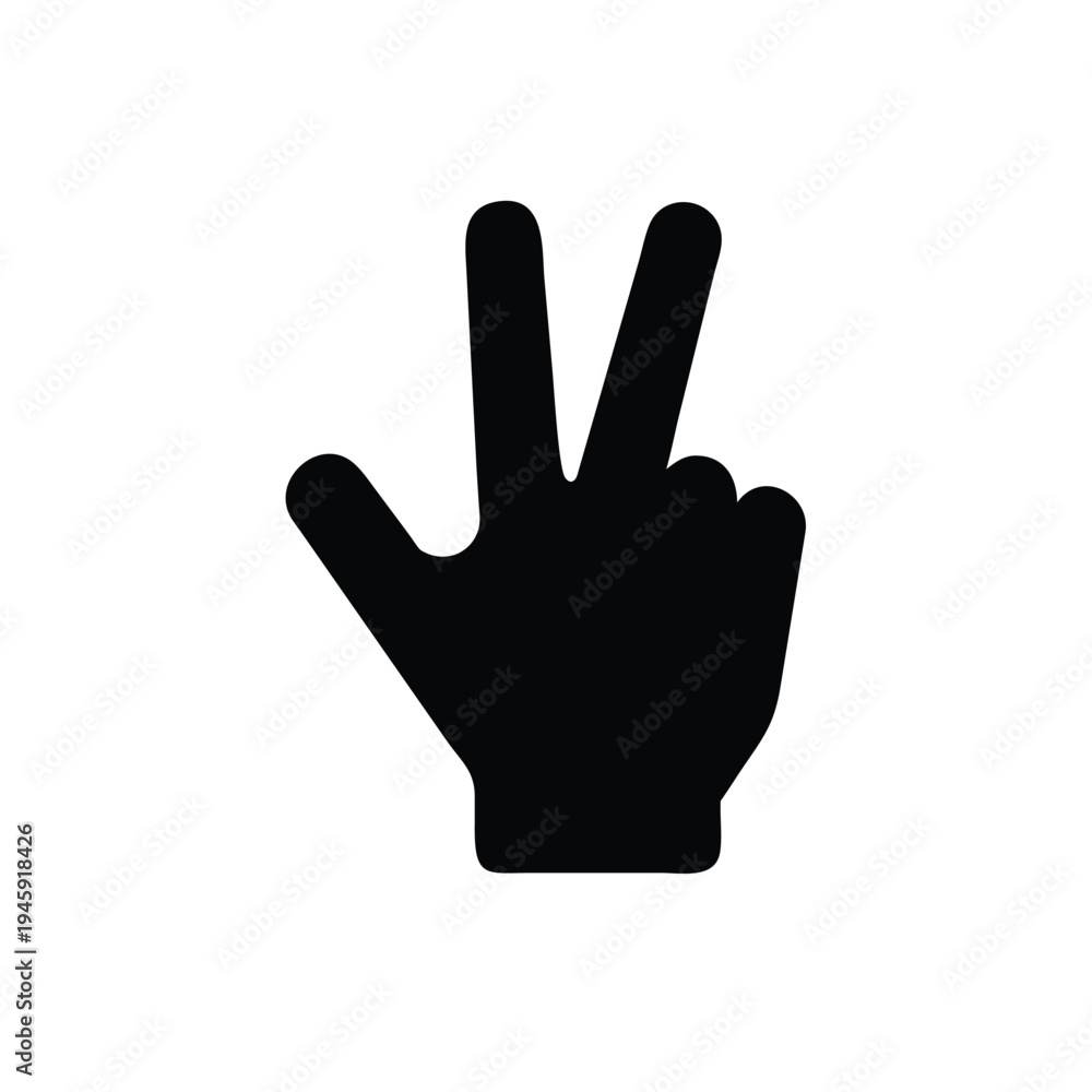 Fototapeta premium Minimalist black silhouette of a hand showing peace sign or number two fingers isolated on white background – a universal symbol of victory or positive gesture