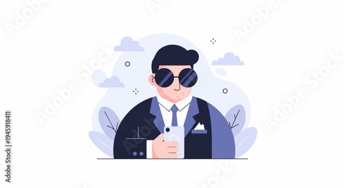 Flat illustration of a person in a suit, wearing sunglasses, holding a smartphone