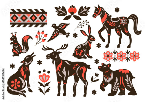 Scandinavian animal. Forest Nordic horse, fox doodle silhouettes. Folk floral ornament. Rustic textile. Boho pattern. Folklore sticker, monochrome decor. Vector tidy traditional style illustration