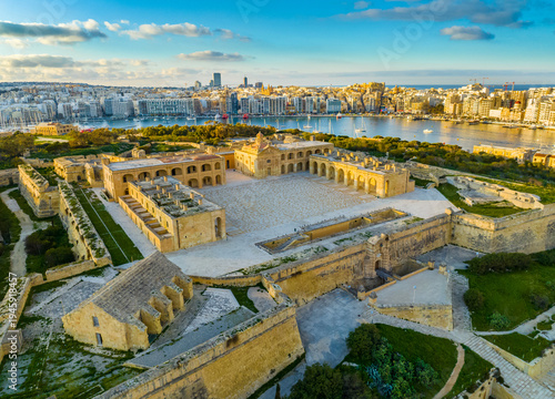Drone view of Fort Manoel on Manoel island, Gzira city. Maltese island