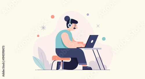 Focused individual with headphones intently working on a laptop at a desk
