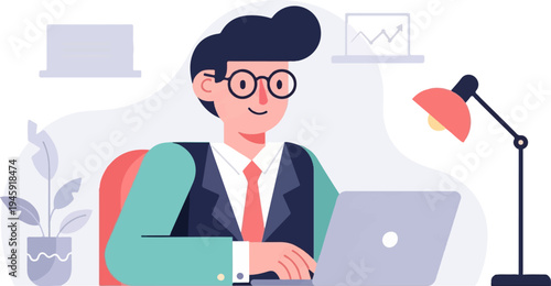 Focused man in suit works diligently at laptop under desk lamp