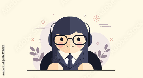 Friendly animated character with headphones and glasses, ready to assist