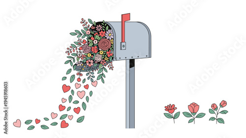 Rustic mailbox overflowing with a beautiful assortment of colorful flowers and hearts as a romantic gesture for love and mailing.