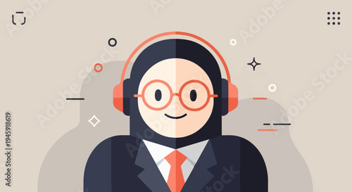 Flat illustration of a smiling person in a suit and headphones