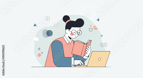 Flat illustration of a person in glasses reading a book and using a laptop