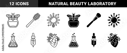 Biotechnology and Organic Skincare Hybrid Concept Represented through Honey Bee Jar Laboratory Flask Heart and Botanical Cosmetic Applicator