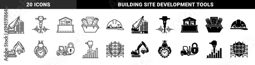 Construction and industrial logistics icon set featuring hybrid designs of heavy machinery merged with time management and value symbols