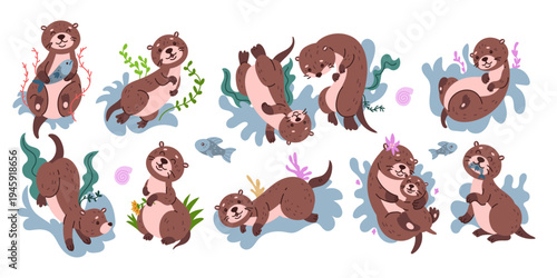 Otter character. Cartoon cute sea weasel. Animal marine in different pose. Funny water fish mascot. Hawaii creature nature. Vector children happy tidy mammal, wildlife playful scenes isolated set