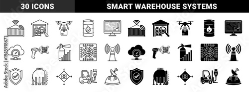Industrial smart logistics and automated supply chain management icons featuring hybrid designs of cargo containers sensors and warehouse robots