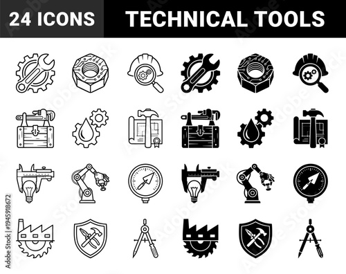 Industrial Engineering and Construction Hybrid Concept Icons Featuring Tool Combinations Like Gear Wrench Nut Circuitry and Blueprint Hammer Symbols