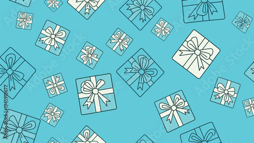 Seamless pattern of white and blue gift boxes with ribbons scattered on a bright blue background for holiday and celebration themes.