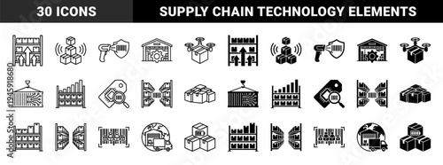 Smart logistics and automated warehouse management icon set featuring hybrid designs of rfid tags drones cargo containers and barcode scanners