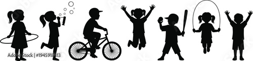 Children silhouettes, outdoor play, hula hoop, blowing bubbles, bicycle riding, jumping rope, baseball bat, playful motion, abstract illustration, stock vector