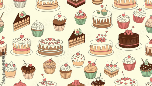 Sweet seamless pattern of various cakes cupcakes and slices decorated with hearts and flowers in a warm pastel color palette.