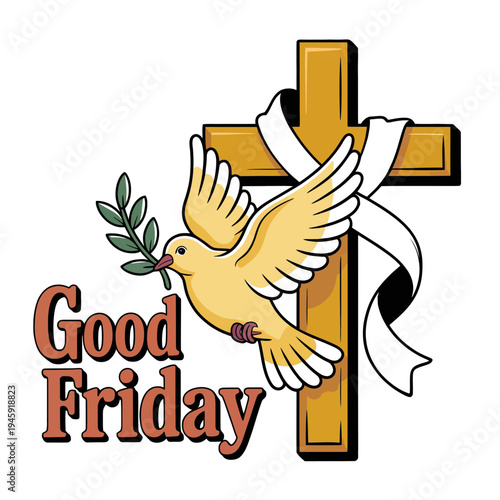 A dove holding an olive branch in front of a cross on Good Friday