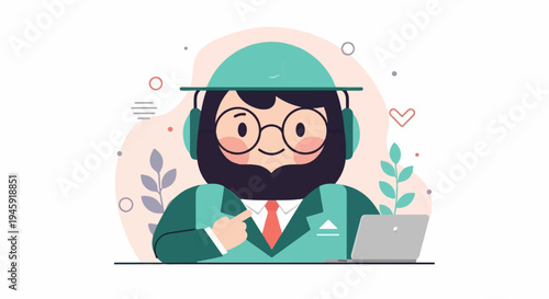 Friendly cartoon character in glasses and a suit gestures to a laptop